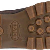 A close-up view of a brown rubber shoe sole, showing the tread pattern and embossed branding for 'ZCCO' and 'TRACK'.