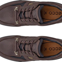 A pair of brown suede lace-up shoes shown from a top-down view on a white background, with the brand name 'ecco' visible on the tan insoles.