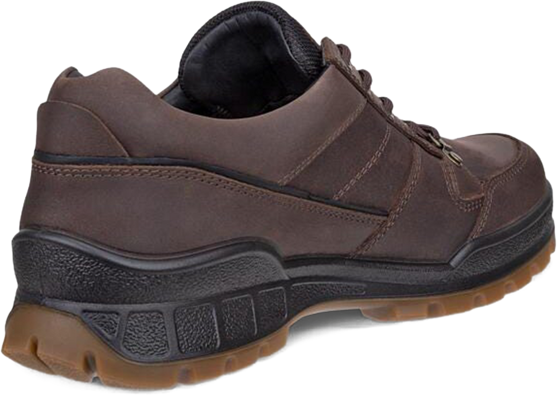 A dark brown leather lace-up shoe with a thick black midsole and a brown rubber outsole, shown from a three-quarters angle on a white background.