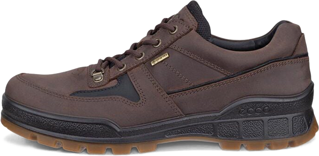 A dark brown suede and leather low-top lace-up shoe by Ecco, featuring a black midsole and a brown gum outsole, shown from a side profile view on a white background.