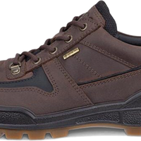 A dark brown suede and leather low-top lace-up shoe by Ecco, featuring a black midsole and a brown gum outsole, shown from a side profile view on a white background.