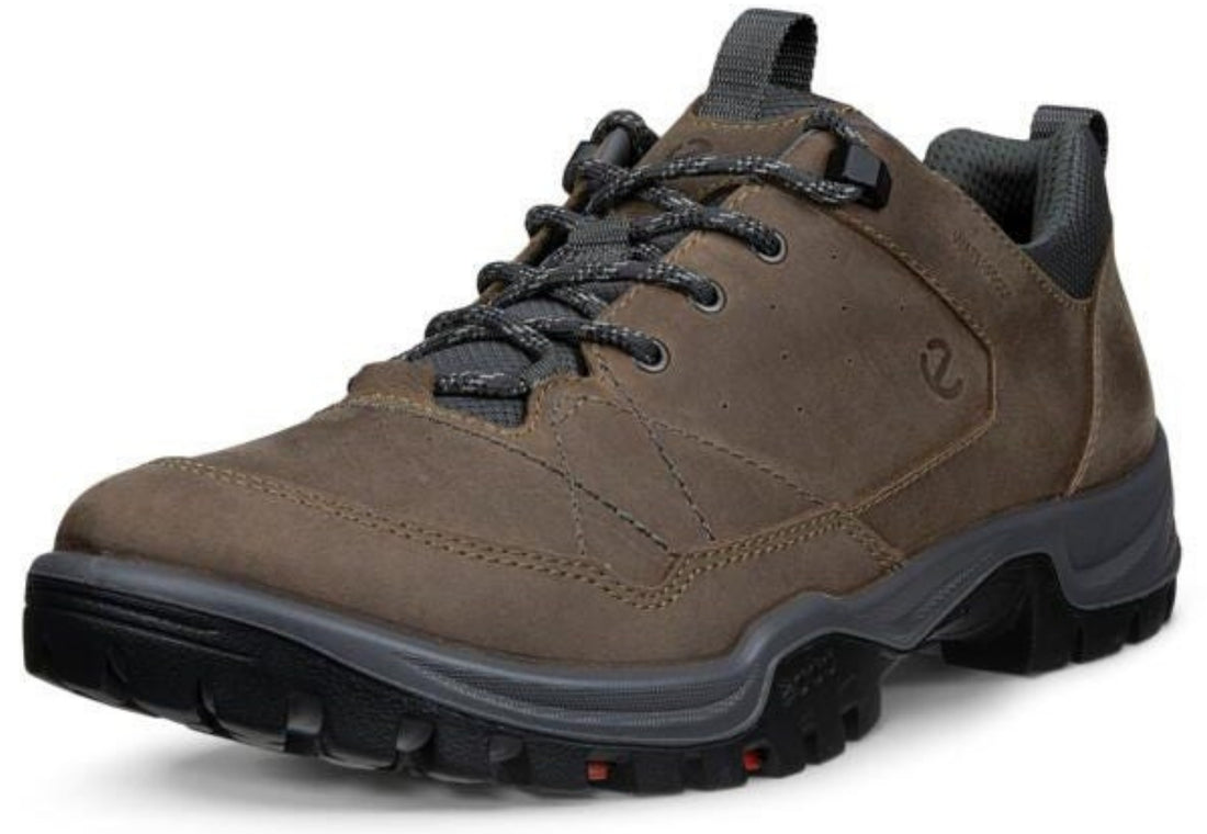 A brown suede hiking shoe with black laces, a black heel pull tab, and a rugged black and gray sole, shown from a three-quarters angle on a white background.
