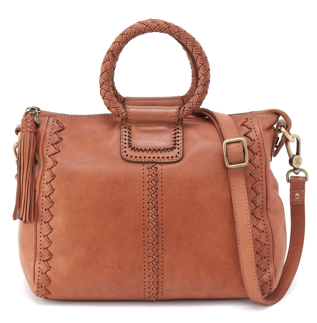 Brown leather handbag with braided handle and decorative stitching on a white background