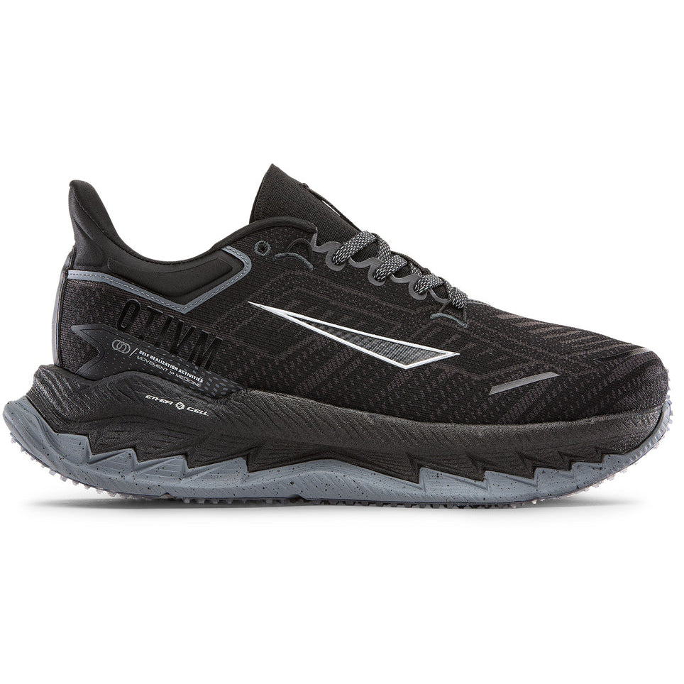 Black running shoe with gray sole on a white background
