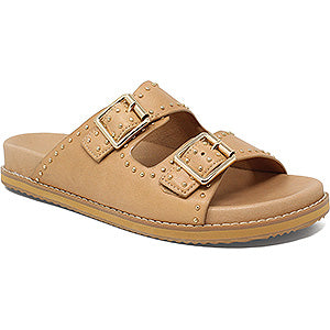 Tan sandal with two buckles on a white background